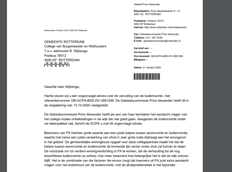 Wijkcommissie PA en wijkcomité Nesselande sturen gemeente een brief inzake afvalprobleem