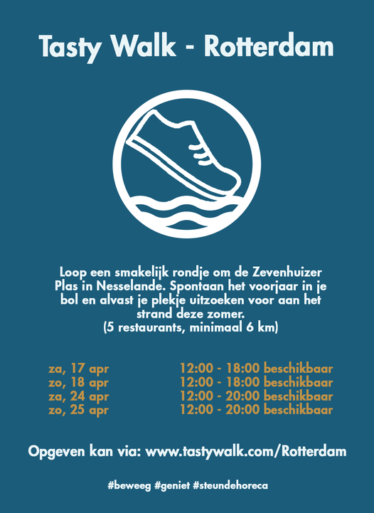 Tasty Walks rondom de Zevenhuizerplas, Nesselande: 17,18,24 en 25 april 2021; wandel 6 km en steun de lokale horeca!