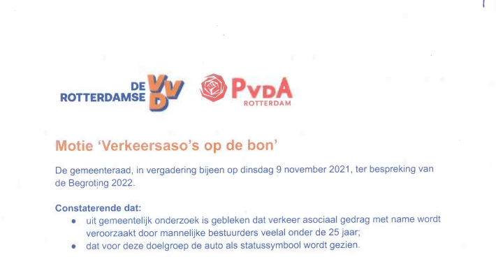 Verzoek (motie) aan gemeenteraad om zomerevaluatie ‘Verkeeraso’s op de bon’ door @vvdrotterdam en @pvdarotterdam #wwp1