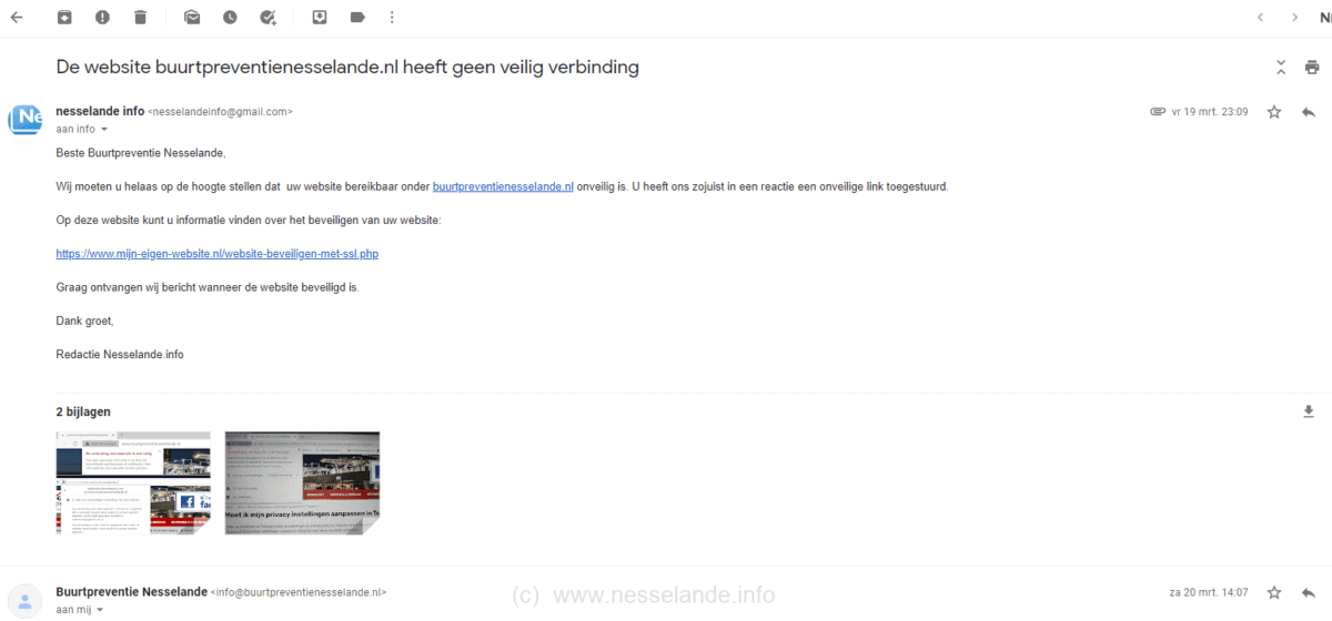 Afb 4. Mail naar de Buurtpreventie Nesselande met advies hoe de eigen site te beveiligen