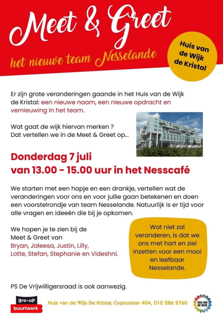 7 juli 2022 13 uur Meet en Greet-borrel nieuwe team buurtwerk @Nesselande