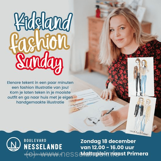 Zondag 18 december is het weer Fashion Sunday bij Kidsland Nesselande. Trek je mooiste outfit aan en Elenore tekent in een paar minuten een fashion illustratie van jou!