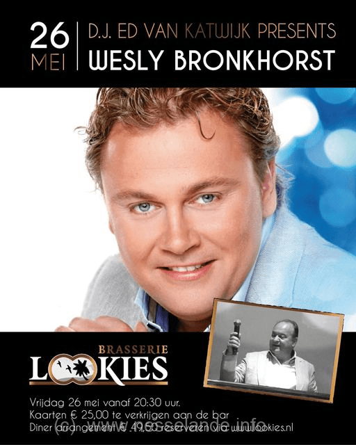 Vrijdag 26 mei 2023 presenteert Brasserie Lookies aan de boulevard van Nesselande artiest Wesly Bronkhorst
