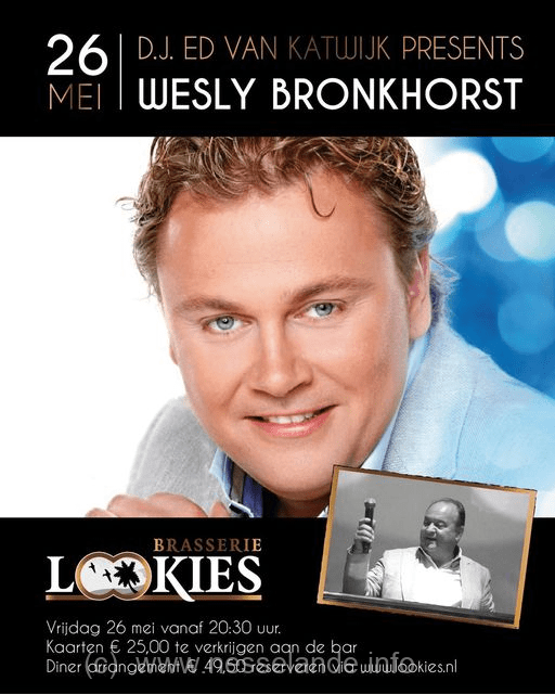 Vrijdag 26 mei 2023 presenteert Brasserie Lookies aan de boulevard van Nesselande artiest Wesly Bronkhorst   