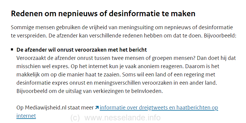 De Rijksoverheid.nl schetst redenen om nepnieuws of desinformatie te maken