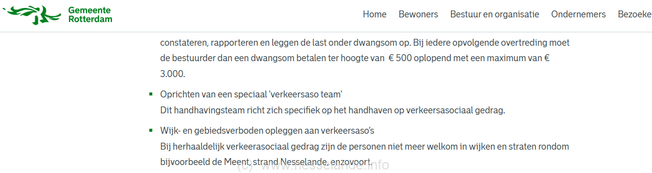 Waarom juist de "Wijkraad Nesselande" de plek verdedigt wordt nog vager als ook de gemeente Rotterdam op de pagina over asogedrag in het verkeer strand Nesselande benoemt (zie screenshot website rotterdam.nl, augustus 2023).