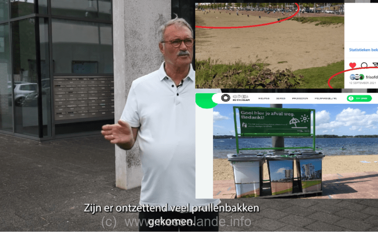 Leefbaar Rotterdam wijkraadlid claimt ‘Prullenbakken strand Nesselande’ (maar die stonden er al)