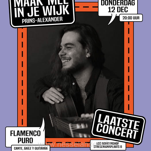 Zin in een avond échte flamenco? Kom dan naar Flamenco Puro! Het trio met zang, dans en gitaar belichaamt de puurste essentie van flamenco. De diepe emoties van de flamencozang, de beheersing van de gitaar en de expressiviteit van de flamencodans komen samen in een ervaring die het publiek meeneemt naar de ziel van de flamenco. De levendige ritmes, krachtige bewegingen en rauwe stemmen creëren een intense, meeslepende sfeer. Donderdag 12 december 2024 Tijd: 20.00 uur Waar: LCC Romeynshof (Stresemannplaats 8, Rotterdam) Kosten: €7,50 (verkrijgbaar via de link of LCC Romyenshof) Meer informatie: https://maakmeeinjewijk.nl/kalender/concert-flamenco-puro/ Het concert wordt georganiseerd door Stichting Concert Dichtbij